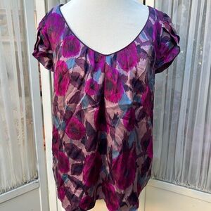 Kenar Women’s Purple Floral Print Too Blouse Shirt Short Sleeve Medium